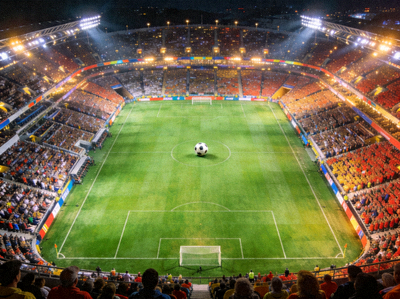 世界杯决赛赛场鸟瞰图，巨大的体育场坐满观众，中央是绿色的足球场