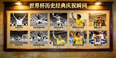 世界杯历史照片墙，展示不同年代球星庆祝进球的经典瞬间